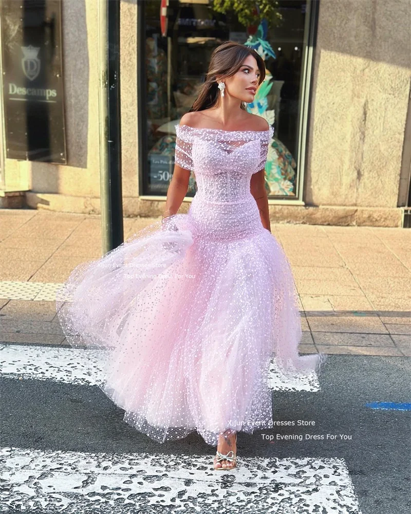 Xijun Fairy Blush Pink Evening Dresses Tulle Dotted A-Line Long Prom Dresses Ankle Length Boat Neck Birthday Party Gowns 2025