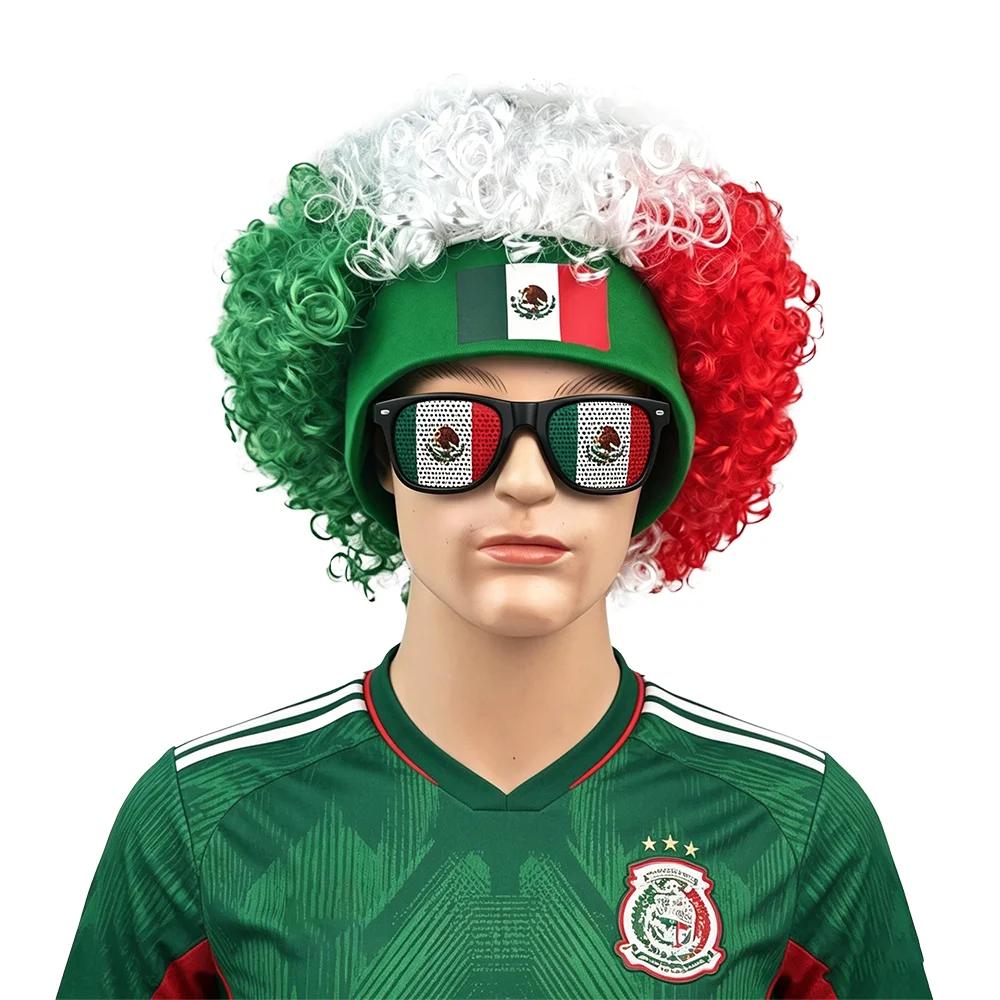 

Mexico Flag Afro Wig + Sunglasses Set - Unisex Mexican Football Fan Costume for Soccer Game Party Cheer Prop
