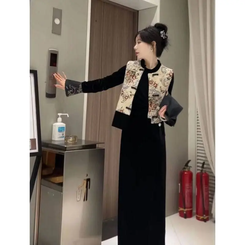 New Chinese Sle National Faion Buttoned Vest Jaet And Dr Two-Piece Set Women's Casual Print Long Sve Winter Outfit