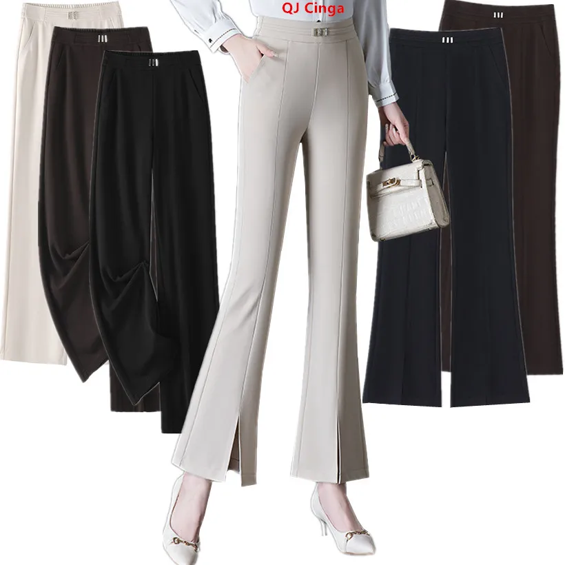 2025 Spring New Casual Women's Pants, High-waisted Elastic Straight Trousers, Outside The Female Suit Pant Black, Khaki, Blue