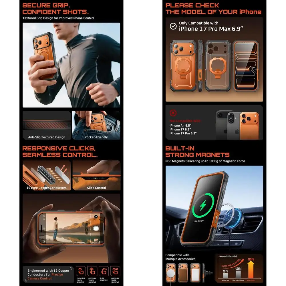 

for iPhone 17 Pro Max Case (UBGrip Pro), [Built-in Tempered Glass Screen Protector & Stand] [Camera Control Cover] [Compatible w