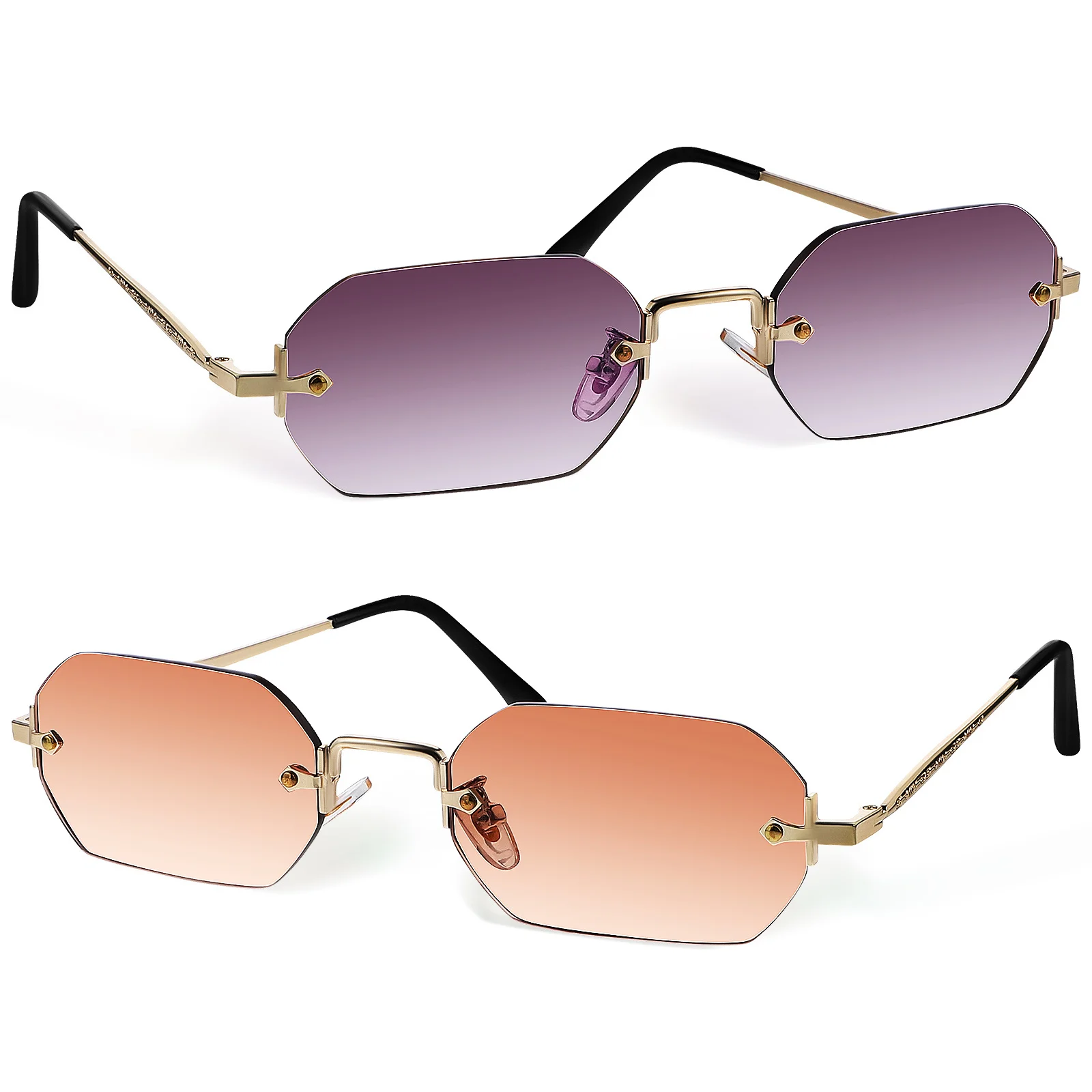 

2Pcs Vintage Rimless Sunglasses Polygonal Frame Lightweight Metal Uv Protection Sunglasses for Men Women Outdoor