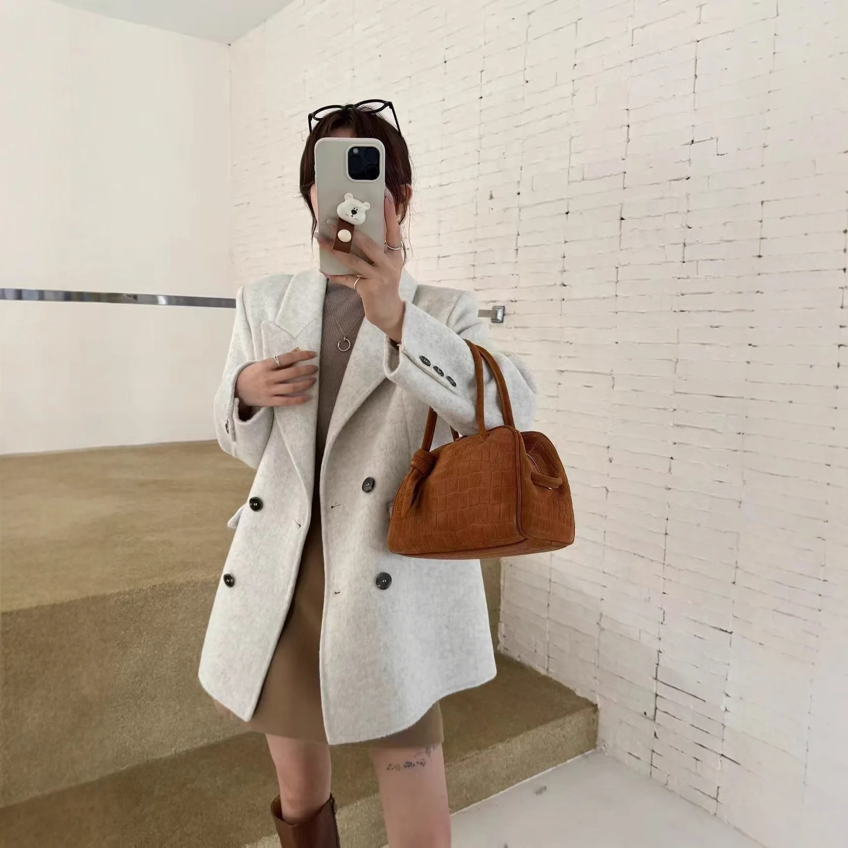 

Suit Collar Mid-Length Tailored Women's Double-faced Woolen Coat Double-Breasted Autumn Winter Chic Overcoat