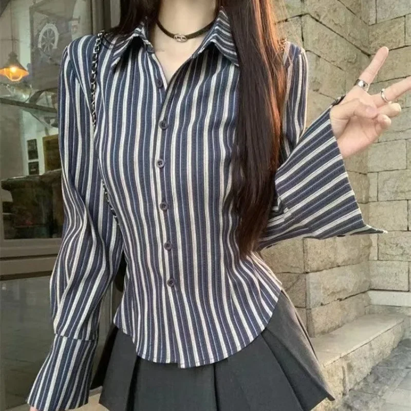 Women\'s Shirt and Blouse Blue Female Tops Commuting Lapel Korean Reviews Clothes Style Elegant Social Modern Long Popular Chic M