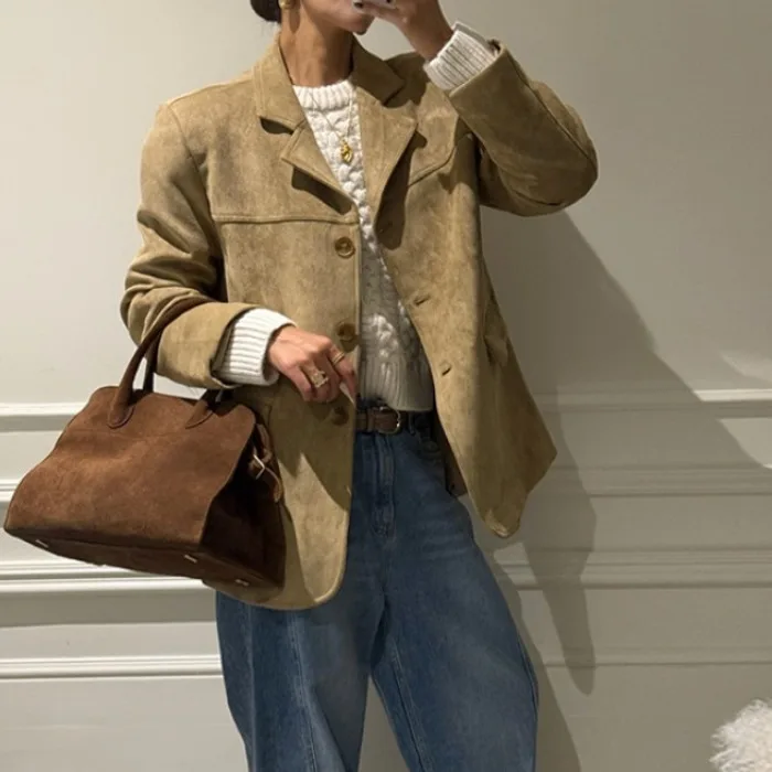 

Women's Chic Korean Sle Suede Vest Coat Loose Suit Collar Long Sve Autumn Winter Faionable Casual Lapel Outerwear