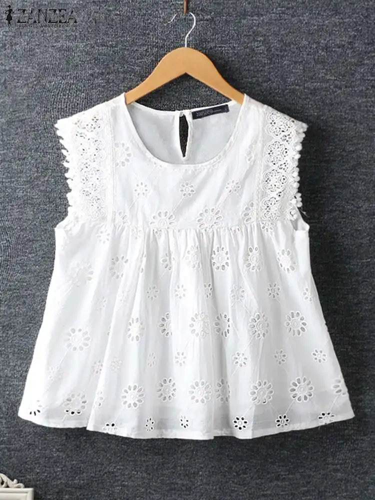 

2024 ZANZEA Летняя Повседневная Праздничная пляжная рубашка без рукавов, кружевная крючком блузка, женские богемные трапециевидные топы, богемные блузы