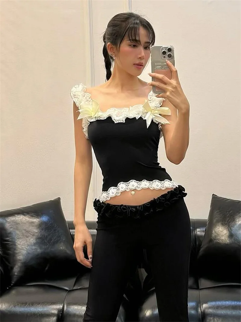 2024 Spring Summer Sweetheart Lace One Piece Collar Top Sexy Look White Bow Strap French Solid Color Small Tank for Women