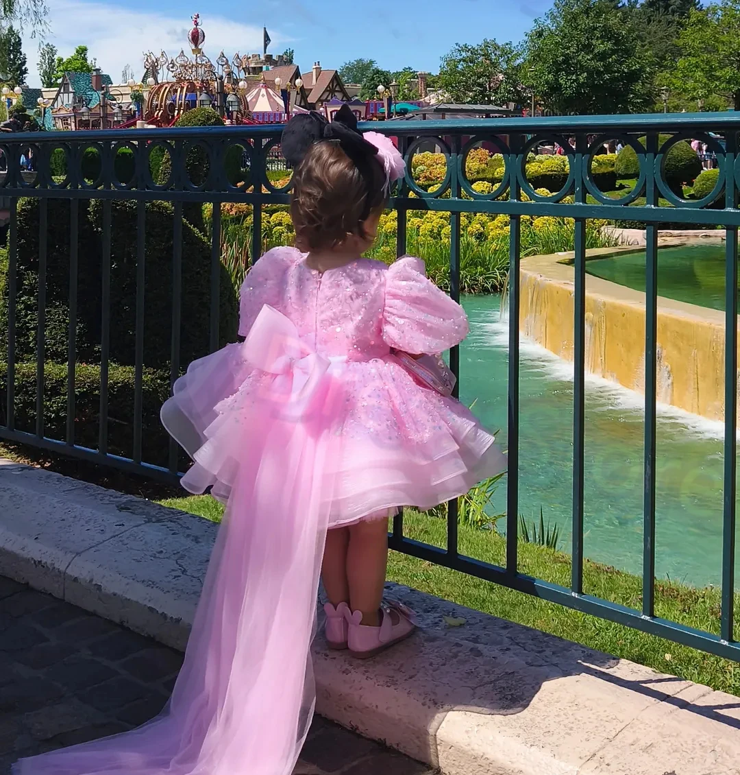 Abito da ragazza di fiore rosa personalizzato per paillettes da sposa gonfio brillante con fiocco Abiti da prima comunione per feste di compleanno per bambini