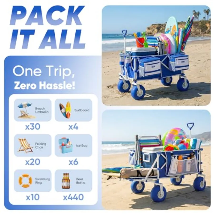 Heavy Duty Beach Wagon with 9" Big Sand-Proof Wheels, 300L Oversized Foldable Beach Cart with Cooler Adjustable Handle and Ball - view 5
