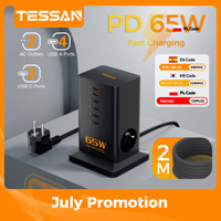 TESSAN PD 65W Fast Charging Power Strip GaN Tower Power Socket with 6 USB Ports 2 AC EU Plug Charging Station for Phone Pad Desk