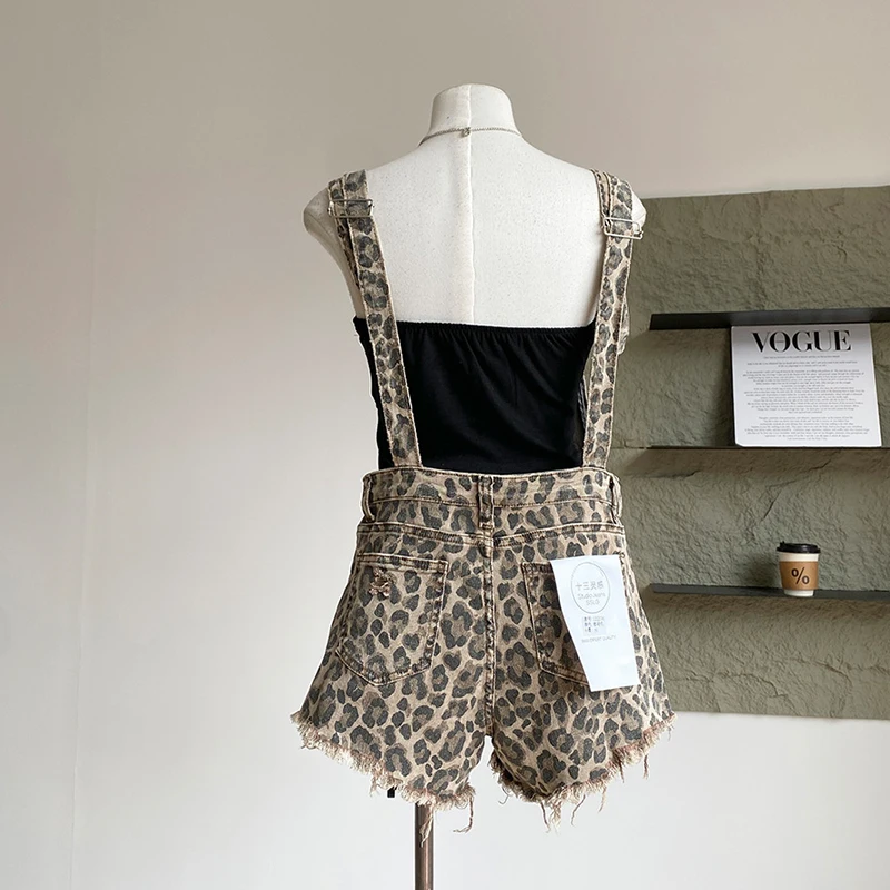 アメリカンスタイルヒョウデニムワンピースショーツ女性夏の穴生エッジストレートロンパーススパイスガールロンパース