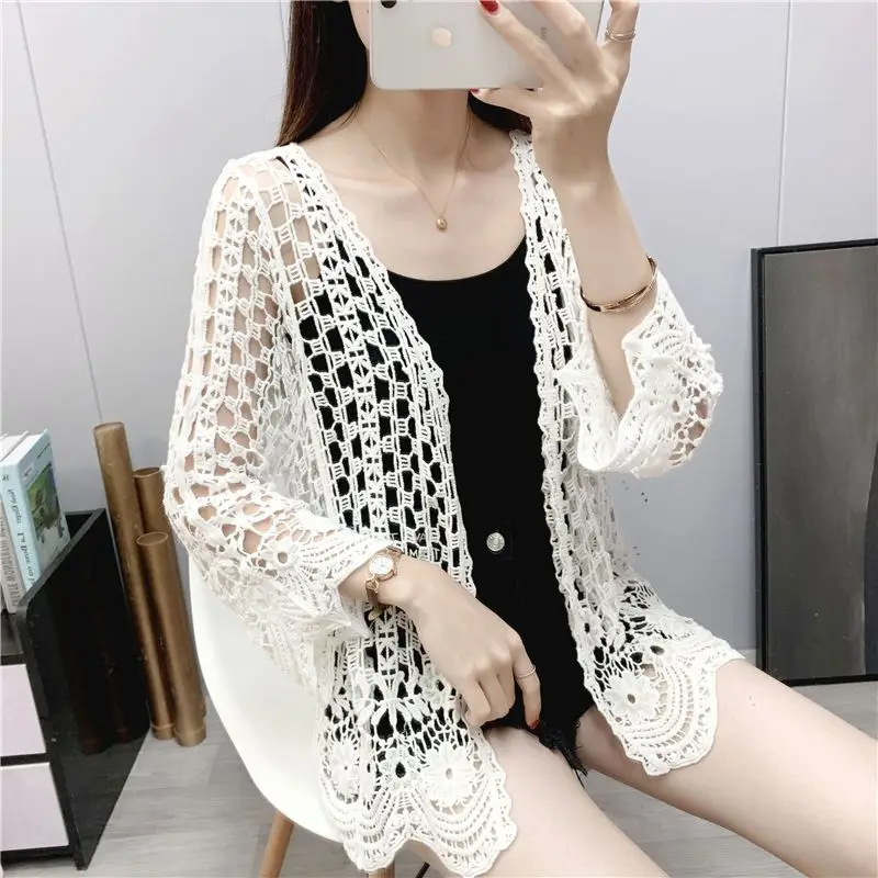 Spring New Beach Sunscreen Shirt Women\'s Pure Cotton Hollow Knitted Cardigan Versatile Western Style Coat