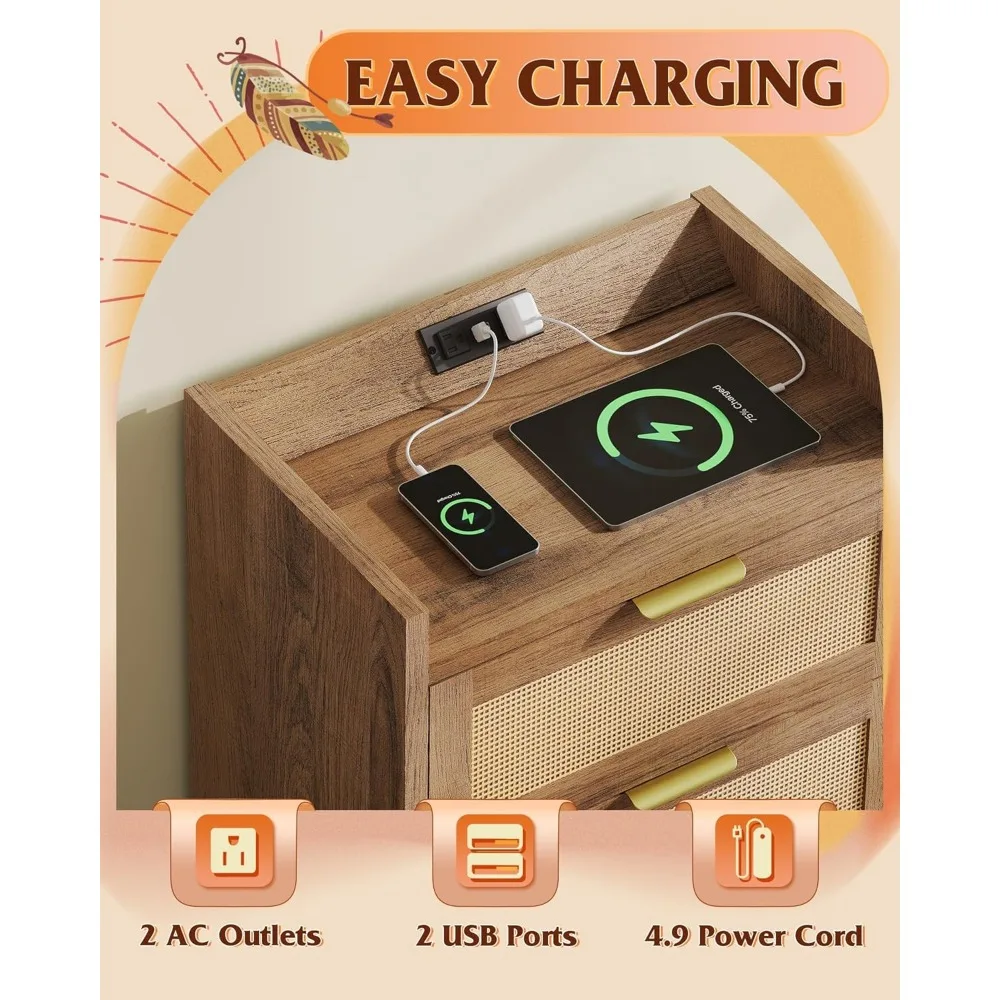 침대 옆 탁자, 충전 스테이션이 있는 침대 옆 탁자, 서랍 2개가 있는 보헤미안 스타일 침대 옆 테이블, 침실용 엔드 테이블, 거실용