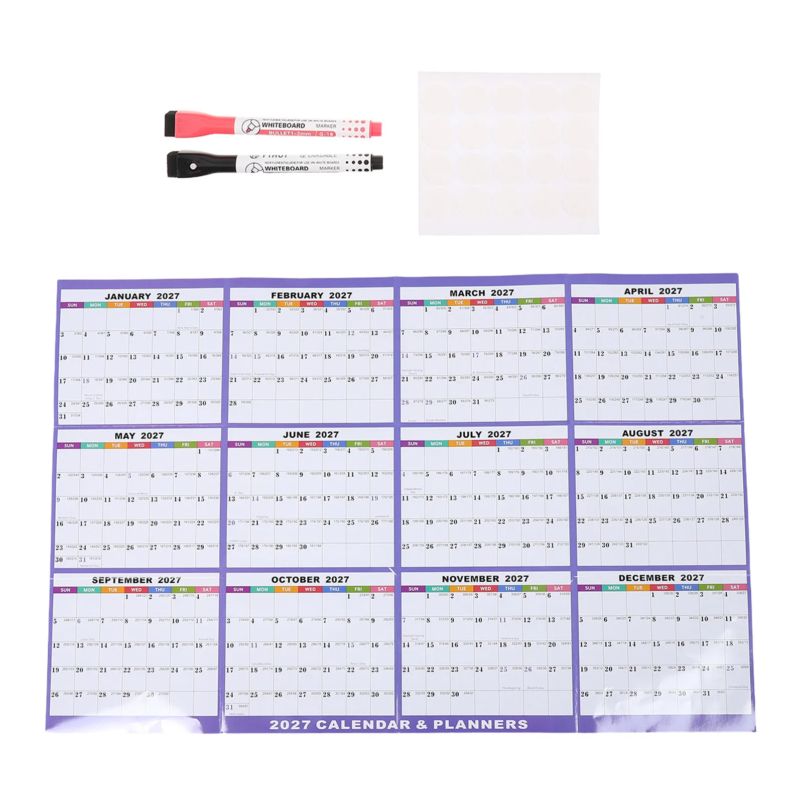 1Set 2027 Dry Erase Wall Calendar Large Laminated 35x23 Inches Reversible Double Sided Yearly Planner Marking Stickers Office