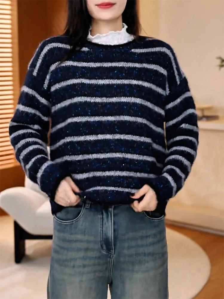 

Корейский модный теплый шерстяной свитер оверсайз с круглым вырезом, блестящими полосками и длинными рукавами
