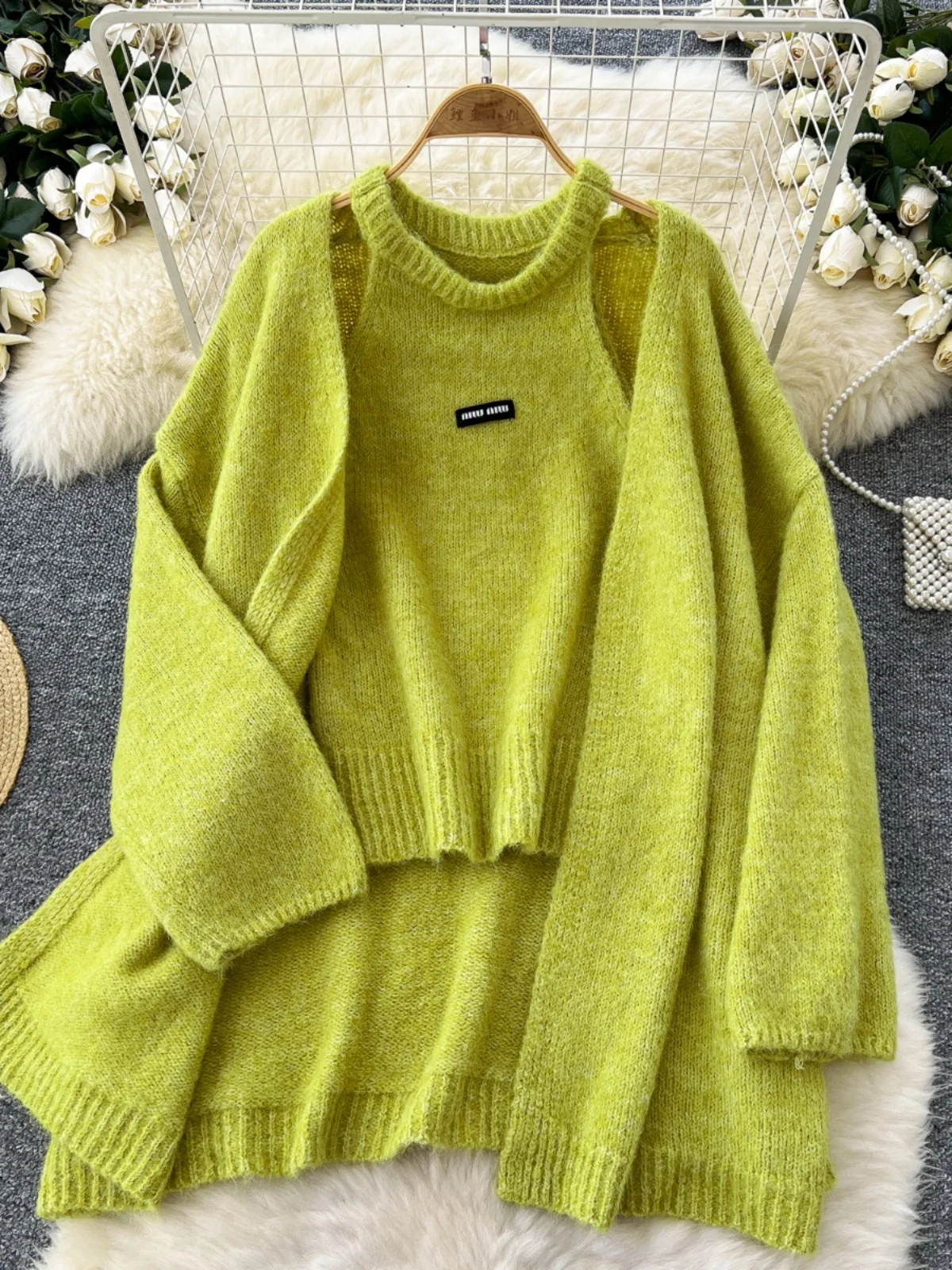 Gagaok Gentle Sweet Women Sweater Cardigans Vest Sets 2024 Autumn Sleeveless Hanging Neck Base Vest+knitted Cardigan Jacket