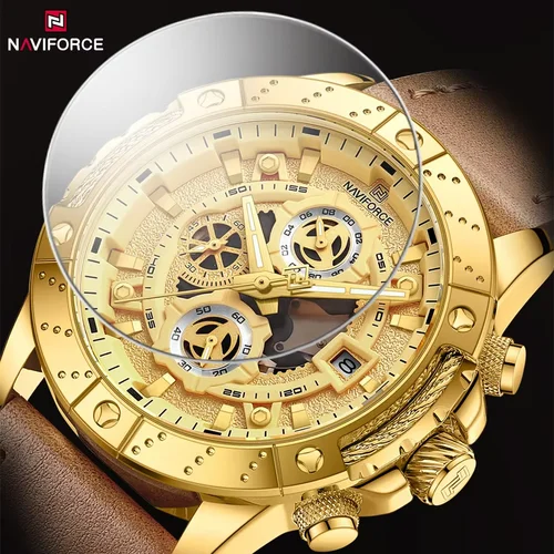 Imagen 2 del producto Nuevo NAVIFORCE, correa de cuero de lujo para hombre, cronógrafo luminoso, relojes de negocios, reloj de pulsera de cuarzo resistente al agua, reloj Masculino