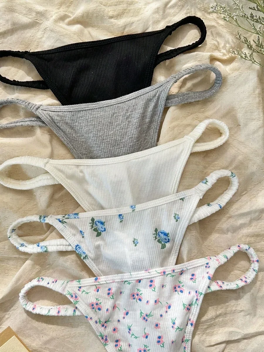 

5-Pack Ditsy Floral And Solid Color Ribbed G-String Panties For Women