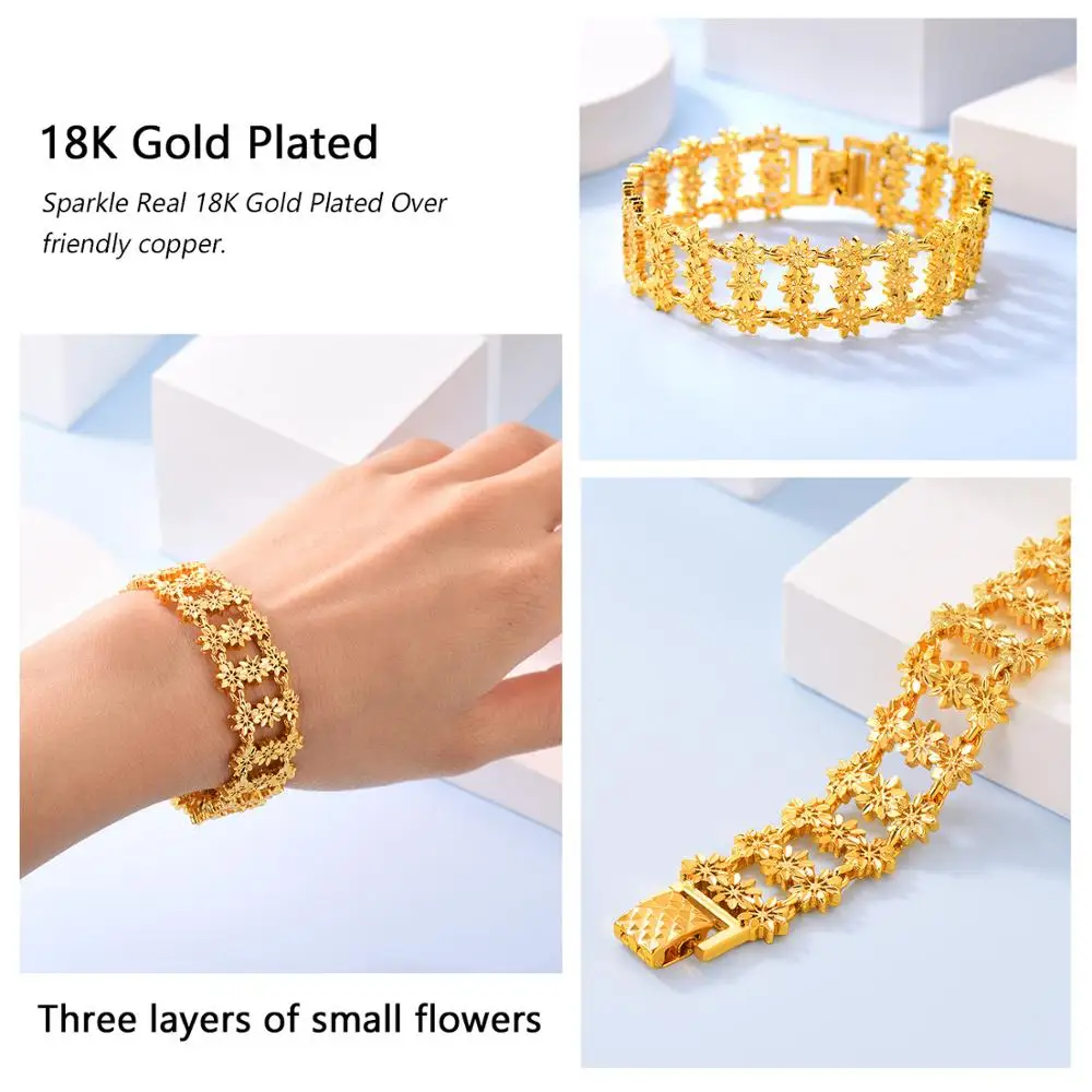 U7 Hollow Flower Pattern Wide Band Bangle Bracelet For Women Exquisite Copper Gold Color 19CM QC24