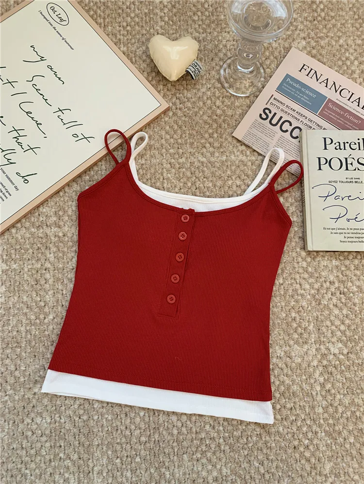 Hot Girl Fake Two-piece Top Color Block Tank Top With Chest Pad Summer Spaghetti Strap Square Neck Button Casual Slim Camis Top