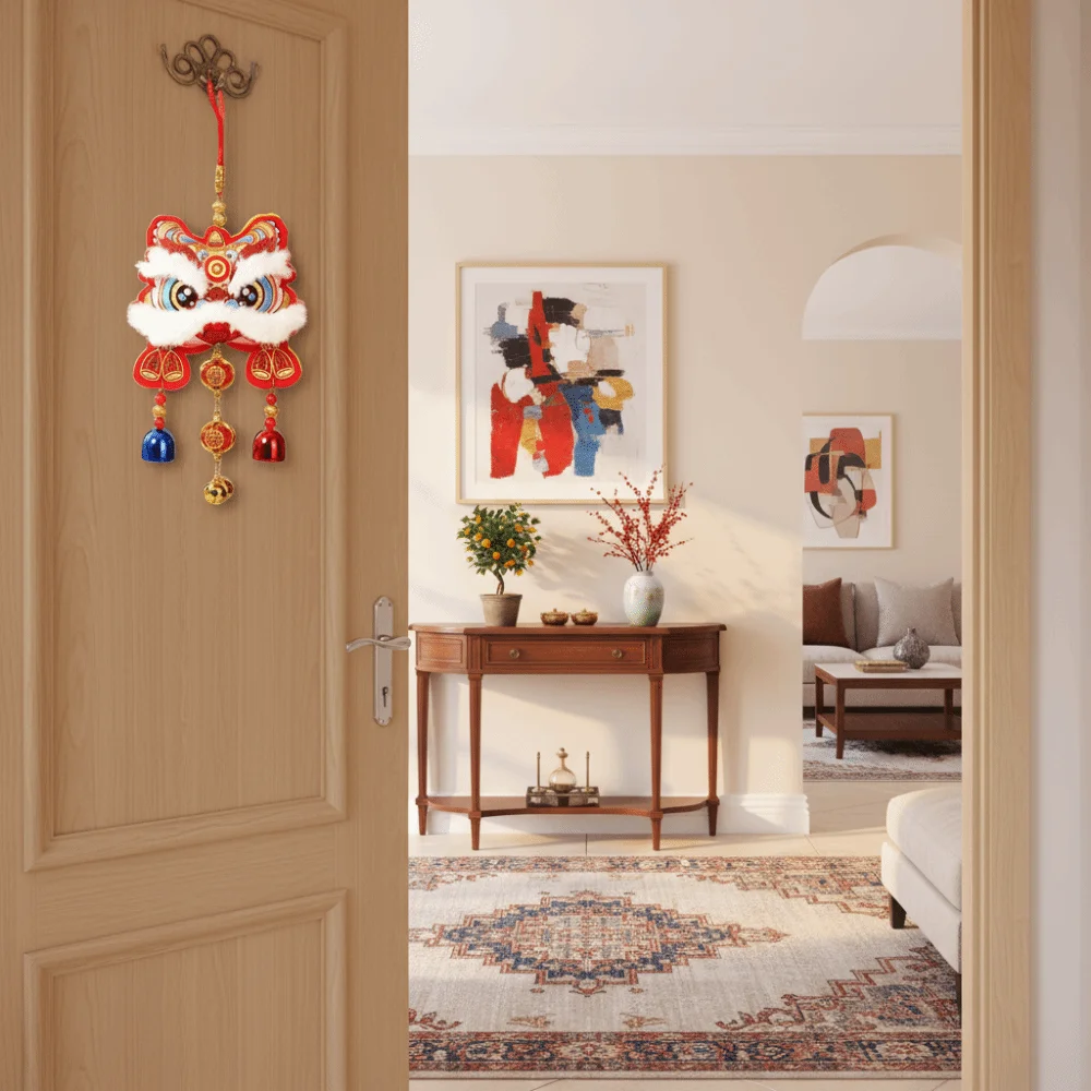 Door Hanging Traditional Chinese New Year Decoration Cartoon with Bells Blessing Wind Chime Waking Lion Wall Hanging Door Decor