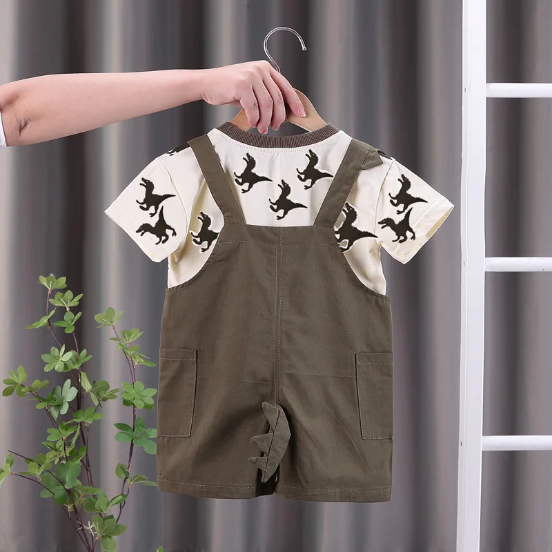 New Summer Baby Boys Clothing Solid T Shirt Overalls Pants 2Pcs/Set Toddler Fashion Infant Children Dinosaur Print Clothes Suits