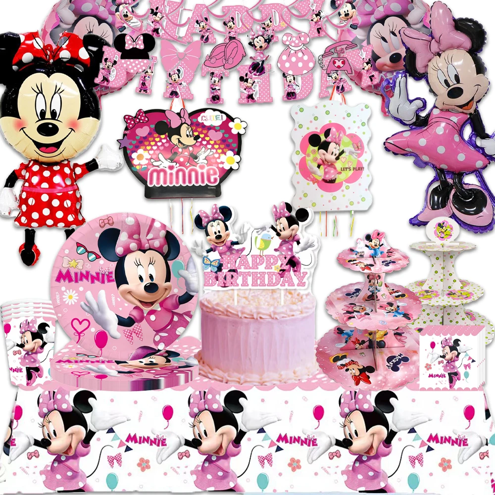 Disney Minnie Mouse Birthday Party Decoration Disposable Tableware Pinata Paper Plates Cup Napkins Tablecloth Girls Party Gift