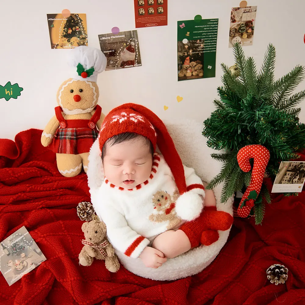 

0-1 Month Newborn Photography Props Christmas Style Posing Cosplay Santa Claus Theme Outfits and Knitted Blanket with Tassels