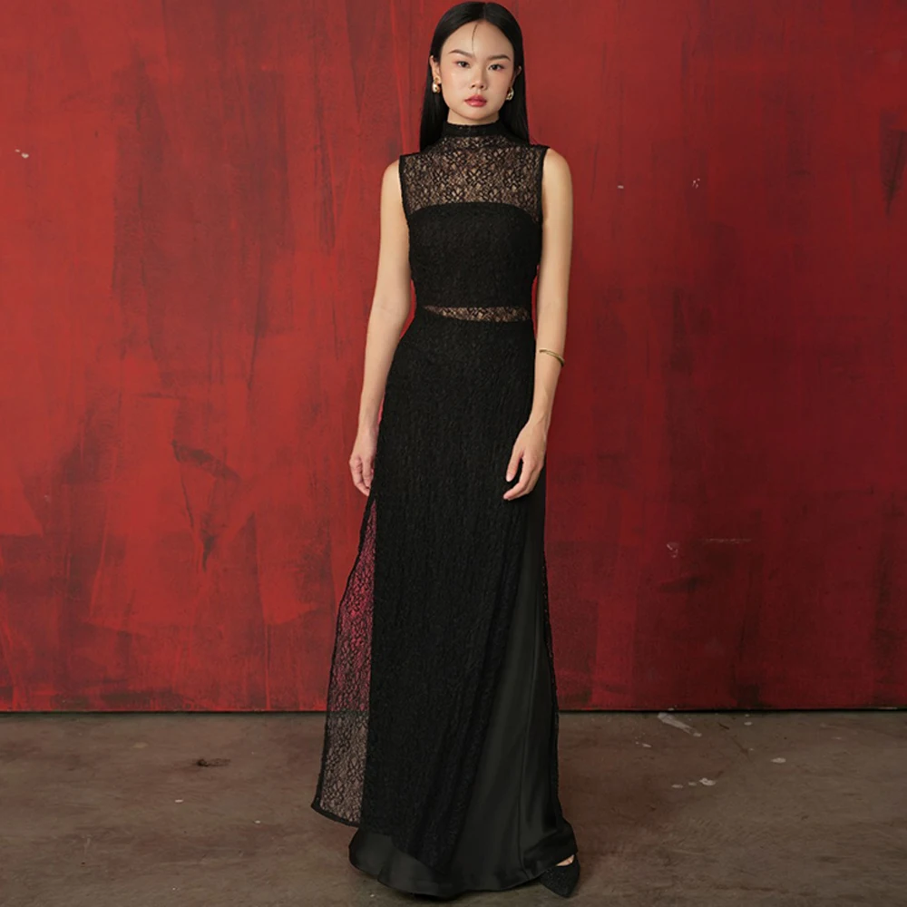 

Black Lace and Satin Evening Dress Customized High Collar Sleeveless Homecoming Dresses Zipper Back Special Occasion Gowns