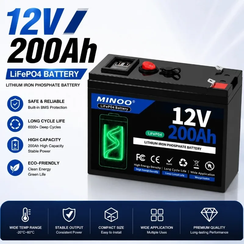 12V50Ah 80Ah 120Ah 180Ah 200Ah LiFePO4 Battery Rechargeable Cells 15000 Cycle with BMS For RV/ Vans/ Camping/ Home Storage/Solar
