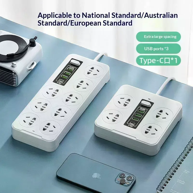 

Универсальный удлинитель с розетками EU/US/AU, USB Type-C PD, защитой от перенапряжения и удлинителем питания