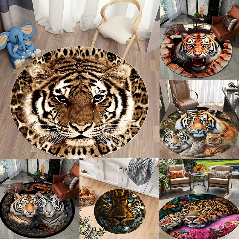 Jungle Predator Round Mat Realistic Tiger Leopard Multiple Design Wildlife Circular Decor Rug for Indoor Living Space Home Decor