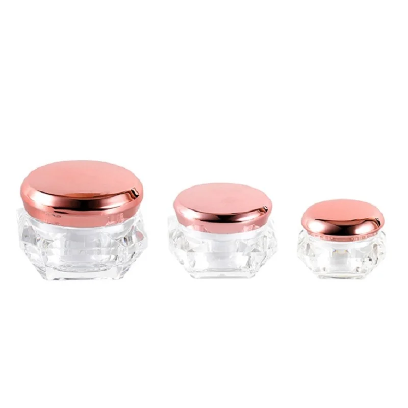 15pcs Portable Empty Clear Diamond Acrylic Facial Cream Jar Round Rose Gold Lid 5/10/15/20/30g Cosmetic Packaging Eye Cream Pots