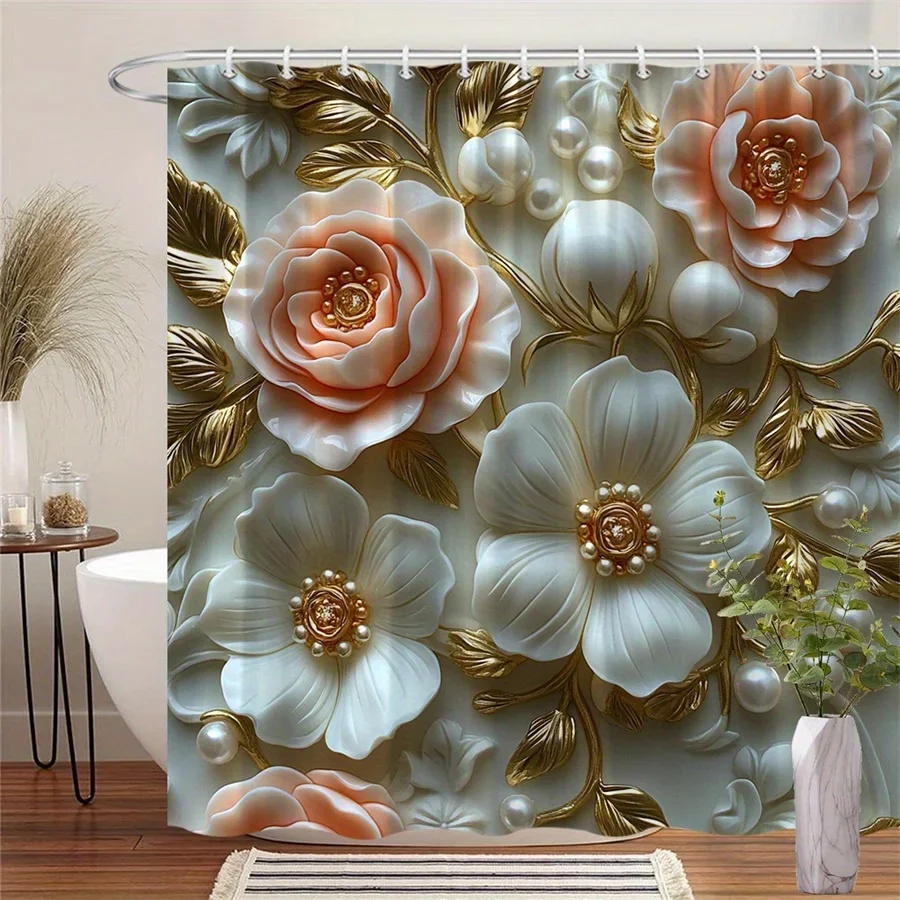 Baroque Roses Shower Curtain - Peach & Ivory, 3D Floral Art, White Background, Machine Washable,  12 Hooks, Elegant Bath Decor