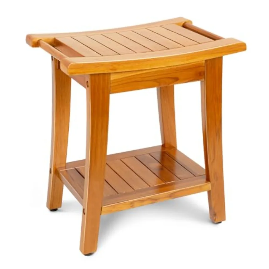 

16 Compact Teak Shower Bench with Shelf Handle Solid Premium Teak Wood Shower Stool for Bathroom Durable Waterproof Seat in Nat