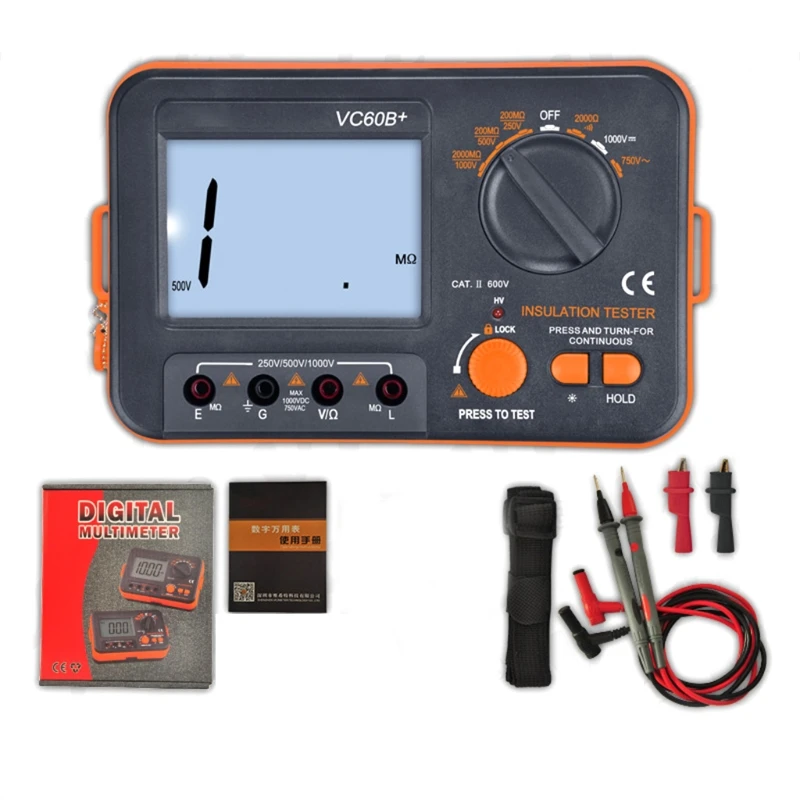 VC60B+ Digital Insulation Resistance Tester Megohm Meter DC250 1000V AC750V Orange with Black Short Circuit Alarm