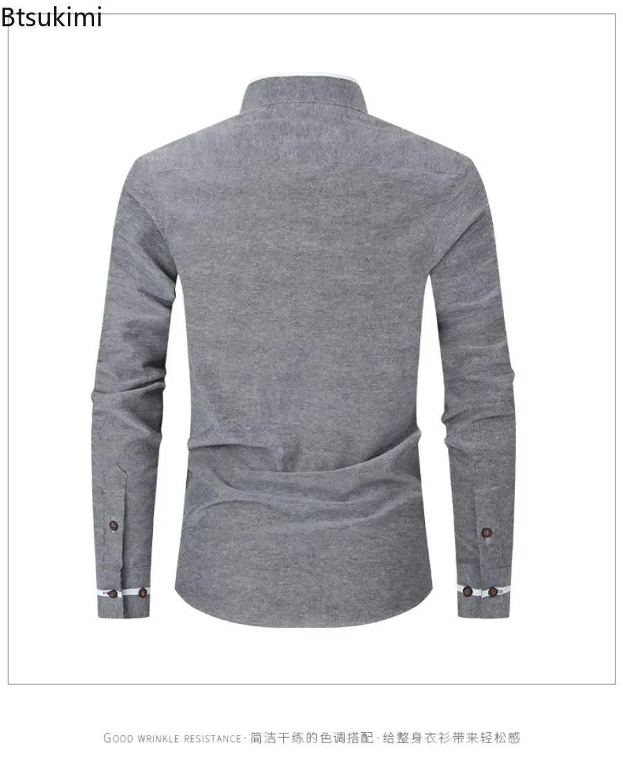 2025 Men's Office Business Shirts Solid Color Blocking Design Stand Collar Slim Long Sleeve Dress Shirt Male Social Basic Shirt