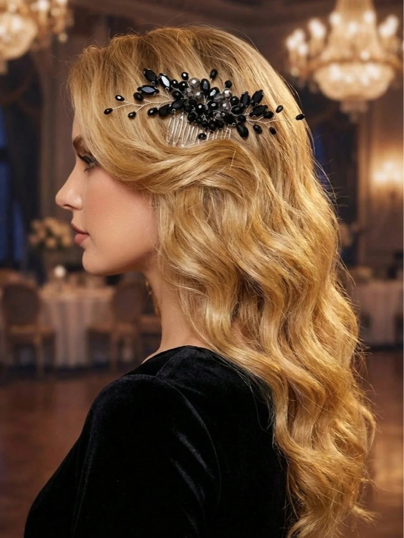 

Elegant Black Crystal Hair Comb Vintage Handmade Beaded Hair Accessory For Women Wedding Party Prom