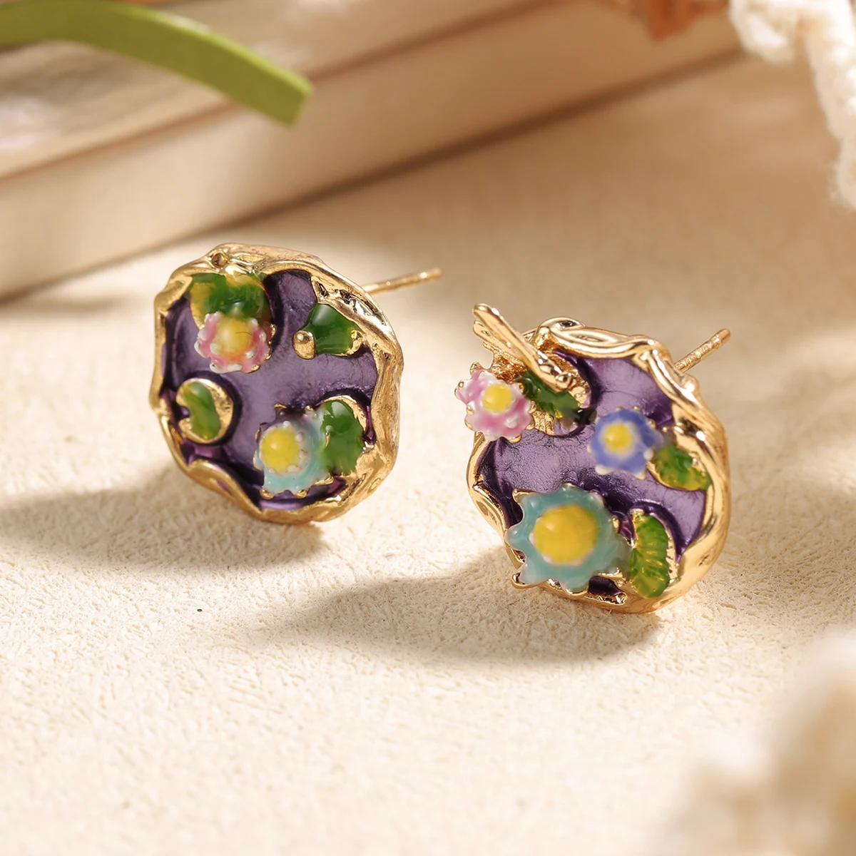 French Monet Garden Water Lily Stud Earrings for Women Romantic Purple Lotus Pond Dragonfly Enamel Earrings Fairy Jewelry Gift