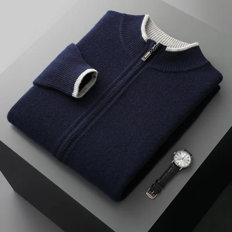 Suéter cálido de lana para hombre, cárdigan grueso con cremallera y cuello simulado, Tops de manga larga tejidos de Cachemira para otoño e invierno