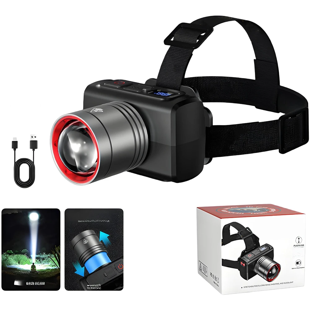 High Lumen LED Headlamp with Digital Display and Adjustable Focus Rechargeable 800mAh for Outdoor Exploration Type C Port