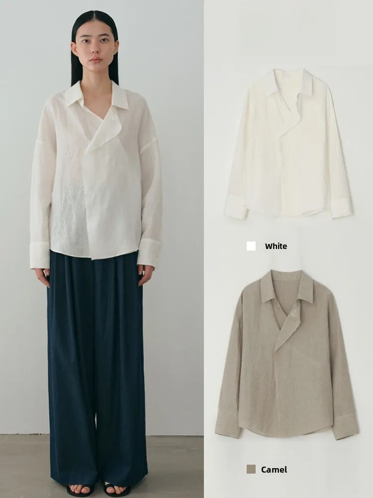 

Loose Fit Linen Shirt Women's Spring Summer New Style Collar Asymmetric Design Long Sleeve Top Korean Style Commute Wind
