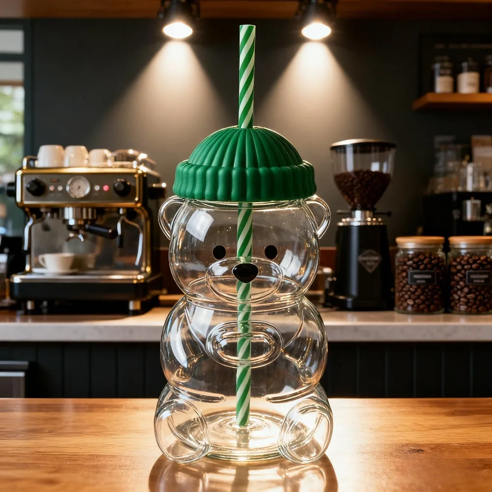 

New 500ML cartoon bear shaped coffee cup, cute bear glass cup, straw cup, creative milk coffee water cup