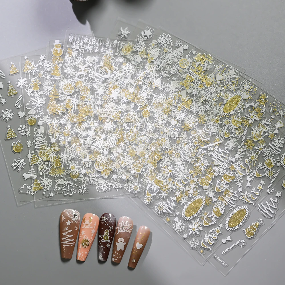 12 個 3D ホワイトゴールドグリッタークリスマスネイルステッカーエレガントなスノーフレーク、クリスマスツリー、雪だるま、エルクネイルデカールクリスマスネイルスライダー