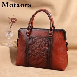 MOTAORA Women's Leather Handbag Large Capacity Vintage Shoulder Bags Female Retro Embossed Women Briefcase For 14 inch Laptop