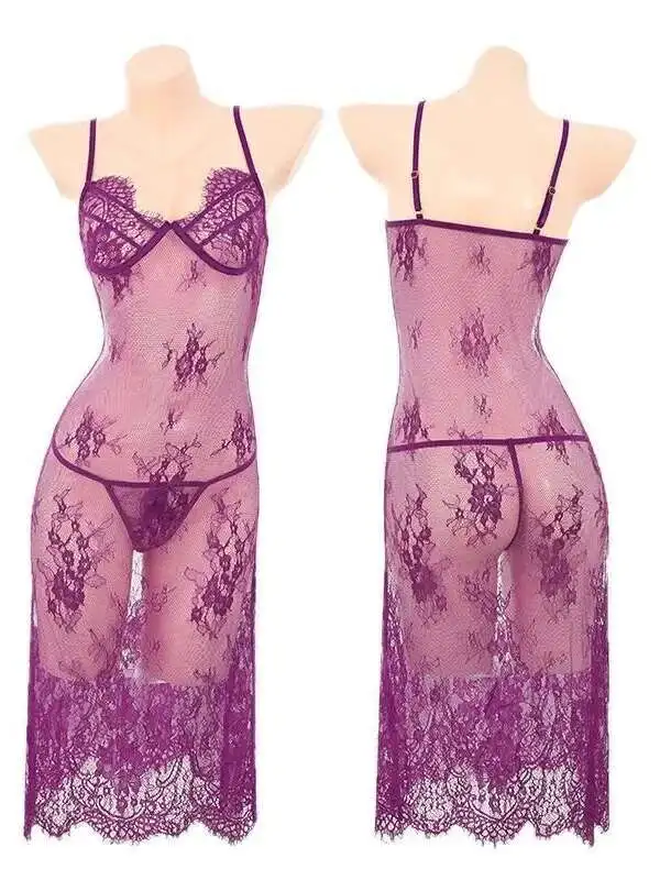 Koronkowa Koszulka na Ramiączkach Wzór Role-playing Midnight Charm Prześwitująca Siateczka Koronka Przezroczyste Top 2025 Nowa Koszula Nocna Sukienka Elegancka 9WAT