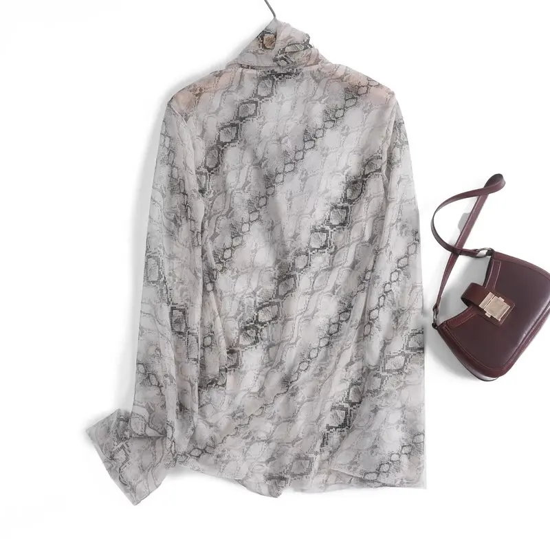 Spring 2025 Women's Semi-Transparent Lightweight Snake Print Scarf Collar Long Sleeve Shirt Loose Fit Regular Length Premium ...