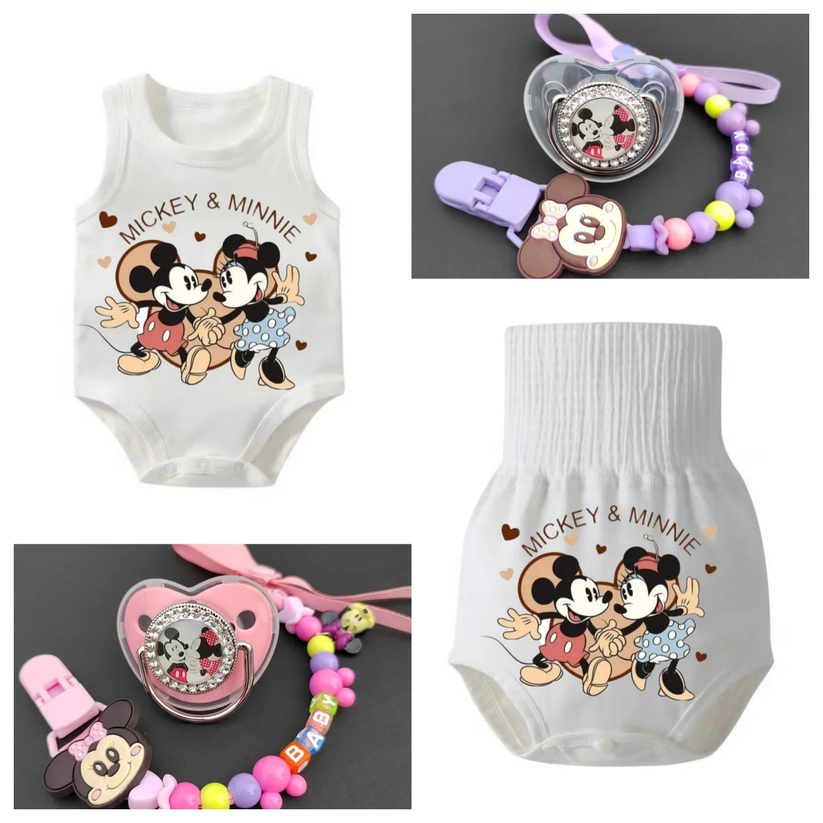 New Mickey Minnie Personalized baby pacifier chain clip Anime printed teaser holder silicone nipple Deluxe Baby Shower Gift0-24M