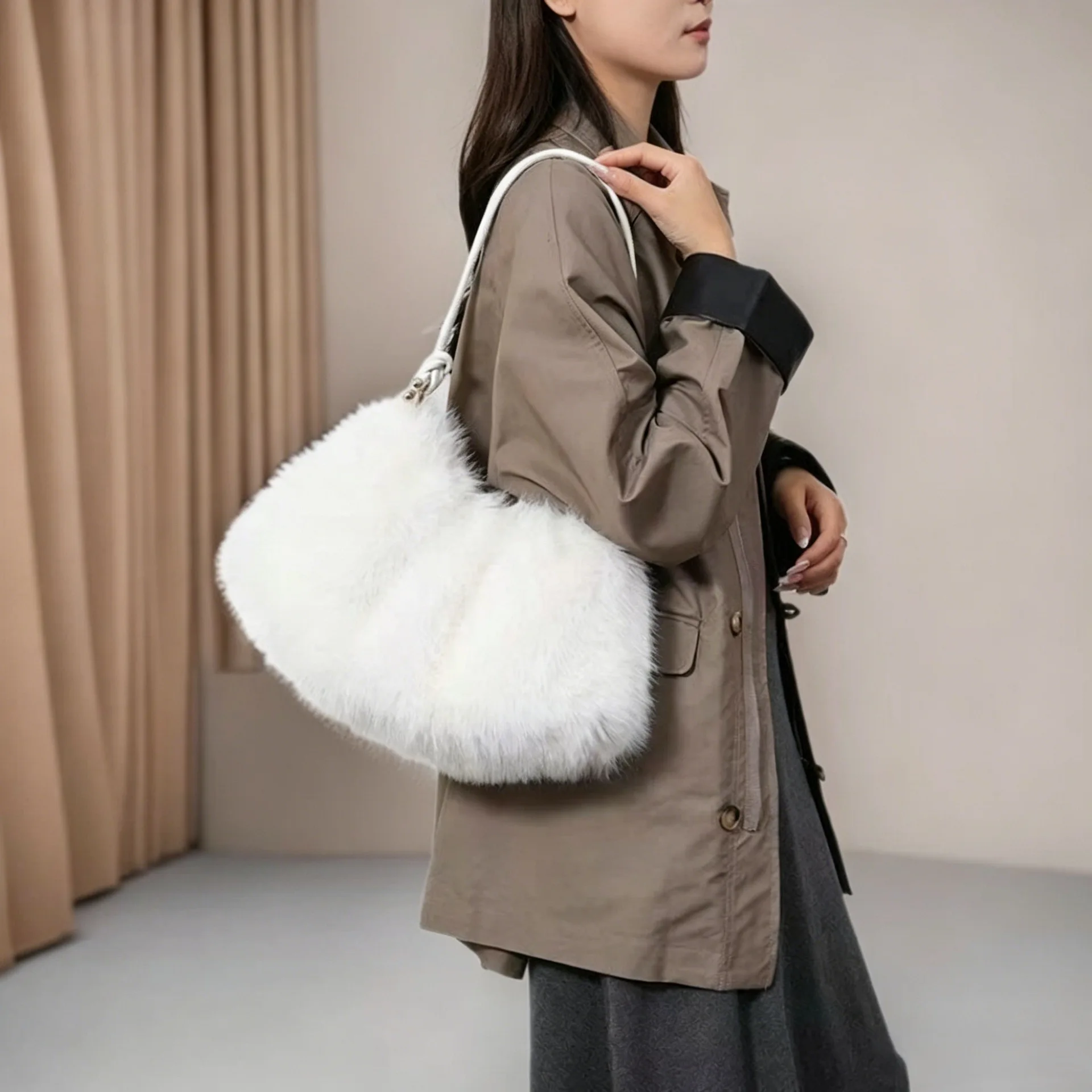 Furry Bag Women's New Fashionable and Simple Furry Shoulder Bag Texture Women's Portable Tote Bag