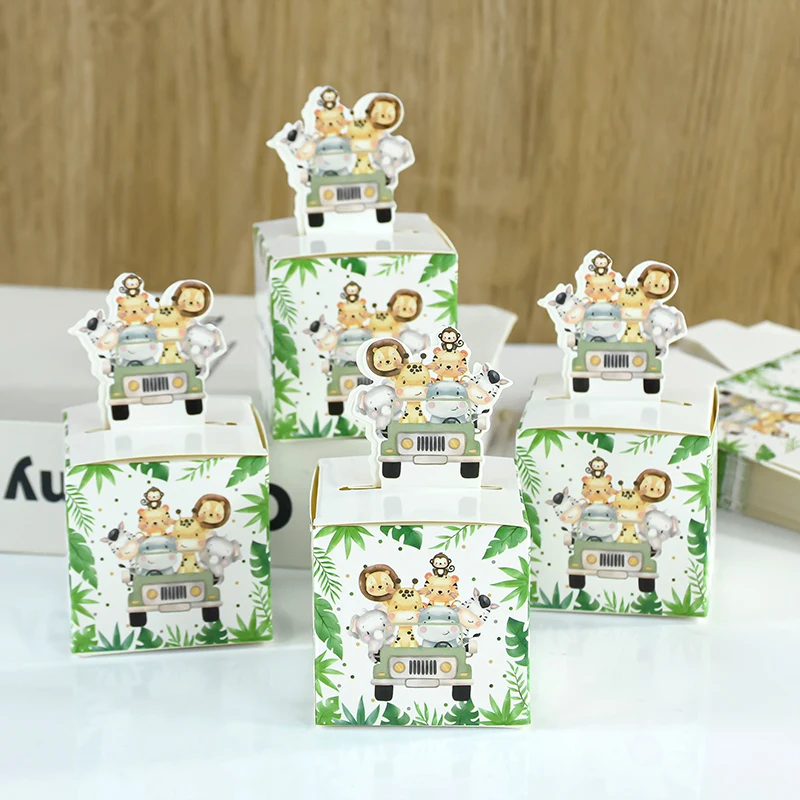 

24pcs Jungle Animal Candy Boxes Safari Theme Gift Box Packaging Bag Kids Birthday Party Decoration Wild One Baby Shower Supplies